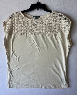 Lauren Ralph Lauren Ivory Crochet Lace Boho Top XL Cream Floral Knit Sheer